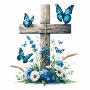 23 Monument commémoratif de papillons JPEG - Croix florale JPG clipart - Papillons et fleurs bleus pour cartes de sympathie, funérailles, travaux manuels chrétiens