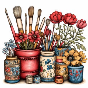 May include: A collection of artist's paintbrushes in various sizes and shapes, arranged in decorative pots and vases. The image features red, blue, and yellow flowers, with a white background. The art supplies are in a whimsical, illustrative style.