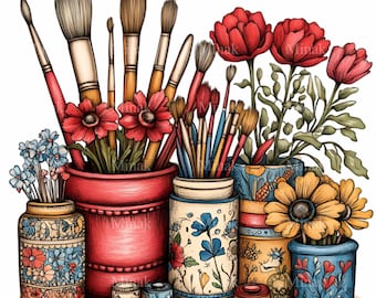 May include: A collection of artist's paintbrushes in various sizes and shapes, arranged in decorative pots and vases. The image features red, blue, and yellow flowers, with a white background. The art supplies are in a whimsical, illustrative style.