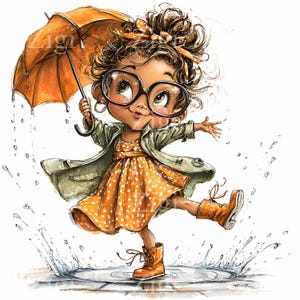Puede incluir: Ilustraci&oacute;n en acuarela de una ni&ntilde;a con un vestido naranja de lunares, una chaqueta verde oliva y botas naranjas, sosteniendo un paraguas naranja. Lleva gafas grandes y chapotea en un charco. Gotas de lluvia caen a su alrededor.
