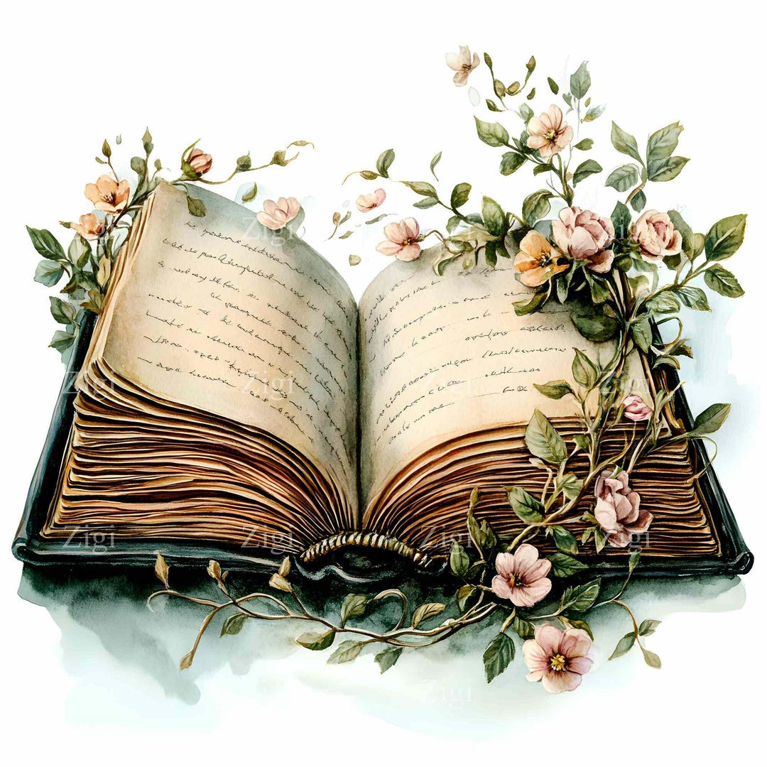 24 JPEG Vintage Book Art – Floral Open Book JPG Clipart