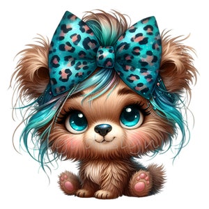12 Teal Bow Puppy PNG Clipart | Cute Dog with Leopard Print Bow | Whimsical Pet Illustration Art