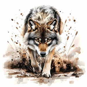24 imágenes prediseñadas de lobos poderosos en movimiento (JPG), animales salvajes en acuarela (JPEG), escena de un lobo feroz caminando, arte de la naturaleza salvaje, descarga instantánea
