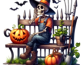 15 PNG Halloween Skeleton Witch Hat Garden Bench Pumpkin Clipart