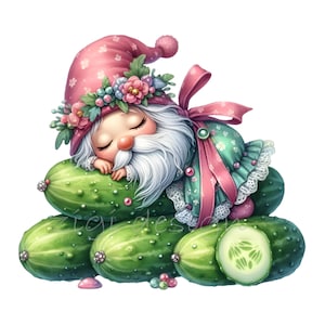 10 cliparts PNG nain concombre - nain endormi mignon avec robe verte, cornichons et fleurs - téléchargement d'art végétarien de jardin