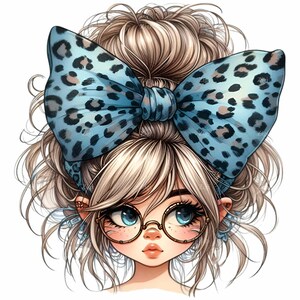 Clipart PNG jolie fille avec noeud imprimé léopard bleu et lunettes | 10 adorables oeuvres d'art pour les amateurs d'imprimés animaliers | Projets numériques