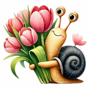 15 slak, png-bestand: schattige slak met roze tulpen, schattige op de natuur geïnspireerde illustratie