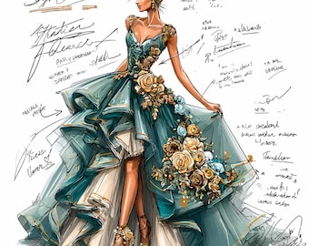 12 PNG Fashion Illustration Clipart – Green Dress PNG – Elegant Woman Digital for Wall Art, Stickers, Sublimation, Scrapbook, DIY Crafts