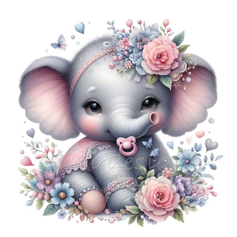 May include: A cute gray elephant with pink ears and a pink and white dress, wearing a flower crown with pink and blue flowers. The elephant is surrounded by pink, blue, and white flowers.