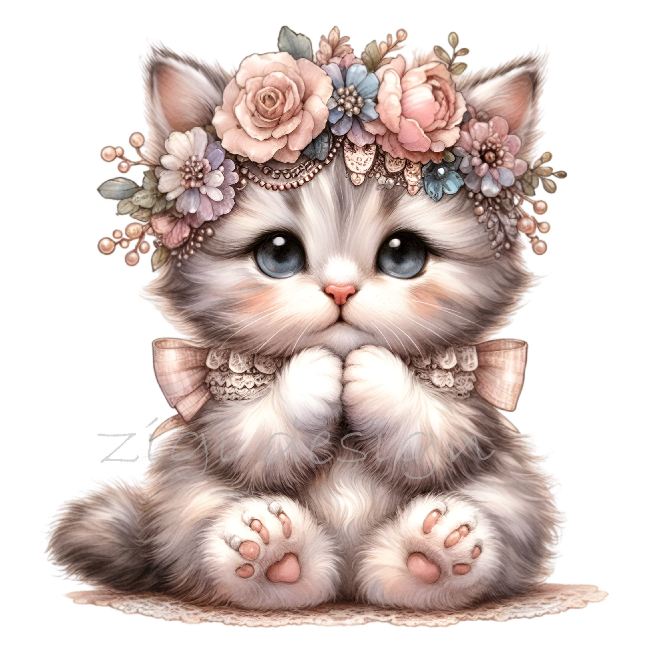 12 PNG Floral Kitten Clipart – Cute Cat PNG – Baby Animal Illustration ...
