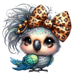 15 Chic Parrot PNG Clipart - Uccello carino con fiocco leopardato in stile piumato - Arte tropicale per artigianato e decorazioni