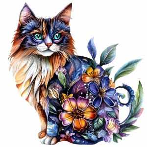 12 Fantasy Cat PNG Clipart - Lebendige Katze mit Floralen Mustern und bunten Details - Digital Download