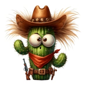 15 PNG Cowboy Cactus PNG Clipart - Divertente cactus del deserto con cappello, pistole e bandana - Pianta dei cartoni animati occidentali, arte digitale
