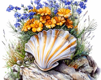 12 PNG Watercolor Seashell Wildflower, Coastal Shell Floral Clipart, Beach House Art