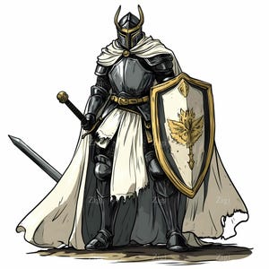 以下が含まれることがあります： 白いマントを着た全身鎧の騎士が、剣と盾を持っている。盾は金色のデザインで飾られている。