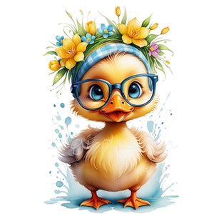 19 Frühling Ente Clipart PNG, süßes Entlein mit Brille und Blumenkrone, Aquarell digitale Kunst