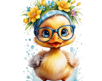19 PNG Duckling Clipart with Glasses, Floral Headband Illustration for Sublimation and Nursery Decor