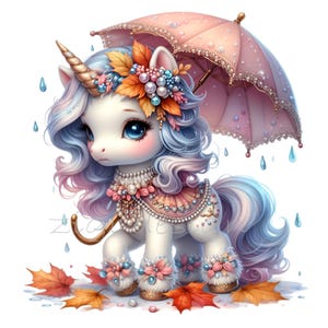 10 elegantes Einhorn mit Herbstblättern und Perlen PNG, Fantasy Pferd Clipart, Regentag Kunst, digitaler Download, transparenter Hintergrund
