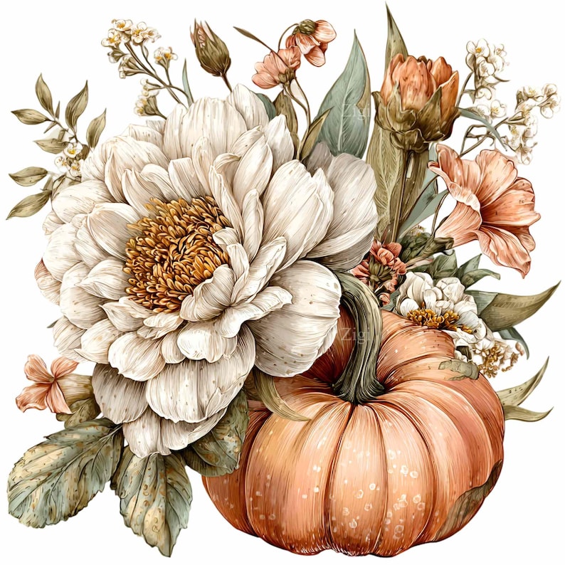 10 PNG Vintage Pumpkin Clipart, Fall Floral, Watercolor Autumn Harvest ...