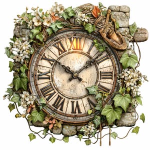 Puede incluir: Un reloj de estilo vintage con números romanos, rodeado de piedra, hiedra y flores blancas. La esfera del reloj es blanquecina con manecillas y números negros. Un pequeño elemento decorativo marrón está fijado en la parte superior derecha.