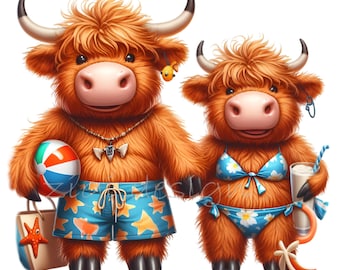 10 PNG Summer Highland Cow Beach Vacation Couple Clipart