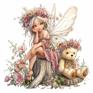 Könnte beinhalten: Digitale Illustration einer Fee mit blonden Haaren, die ein rosa Kleid und einen Blumenkranz trägt und auf einem Baumstumpf sitzt. Ein Teddybär mit Blumenkranz sitzt neben ihr. Rosa Rosen und Grün umgeben sie, mit flatternden Schmetterlingen.