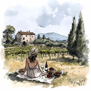 28 JPEG Weinberg Picknick Clipart, Land Wein Szene JPEG, Rustikale Weinberg Picknick Illustration, Sommer Entkommen Kunst Download, Digitalbild