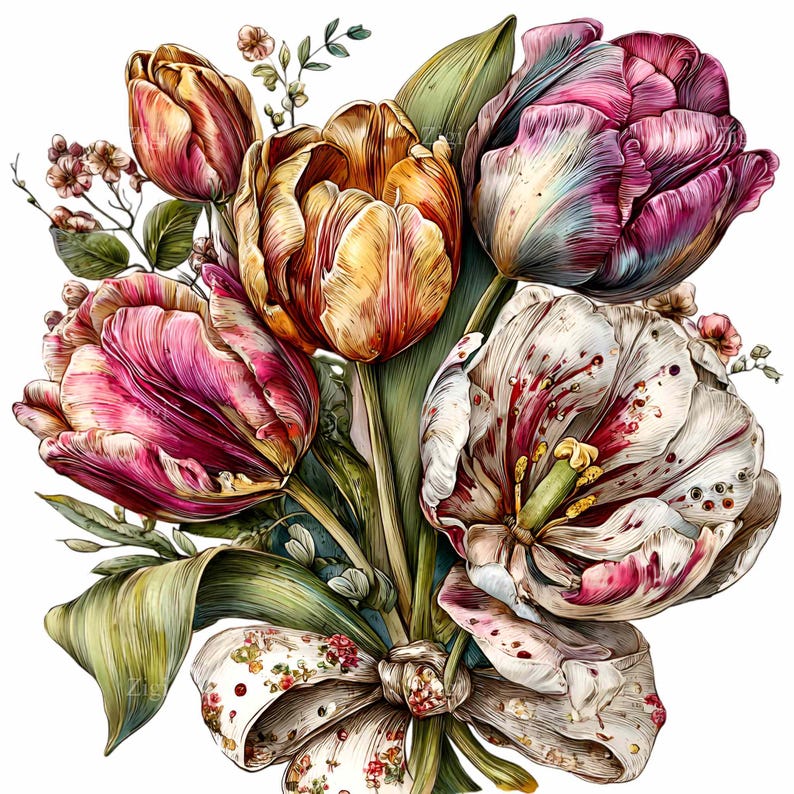 10 PNG Tulip Bouquet Clipart – Vintage Botanical Flowers Illustration ...