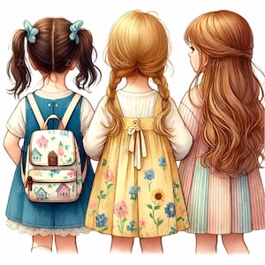 11 mochilas y trenzas PNG – Trío de chicas PNG clipart – Ilustración de vestido floral para impresiones escolares, arte mural, creación de tarjetas y agendas