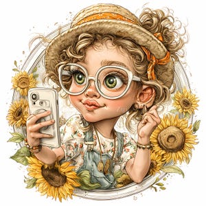 May include: Digital illustration of a girl with blonde curly hair, wearing a straw hat with an orange band, white-framed glasses, and denim overalls. She is holding a phone, surrounded by sunflowers.