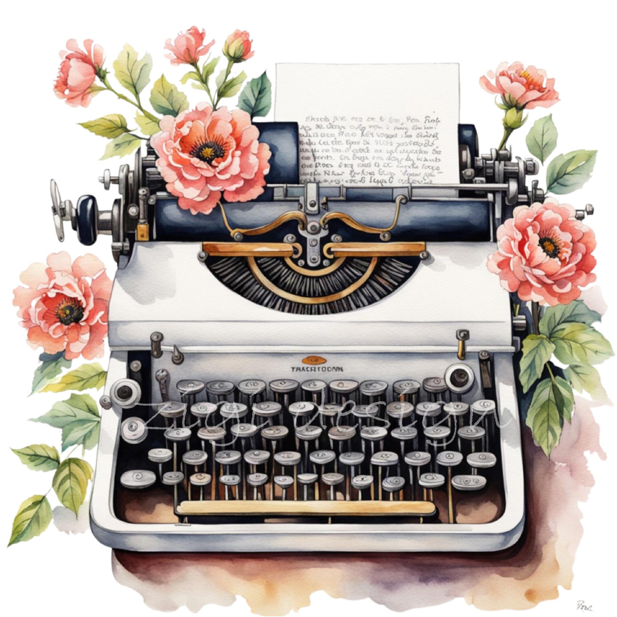 Typewriter Drawing 15 PNG Floral Typewriter Blue Vintage Author Writer Journal Clipart - Etsy