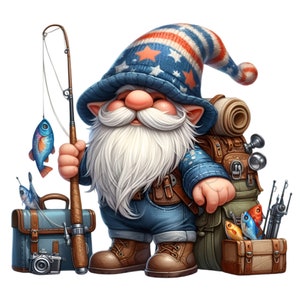 15 Gnomos Pescadores PNG – Lindo Clipart de Campista Patriótico – Divertido Arte de Gnomos al Aire Libre para Sublimación, Regalos, Camisetas, Manualidades
