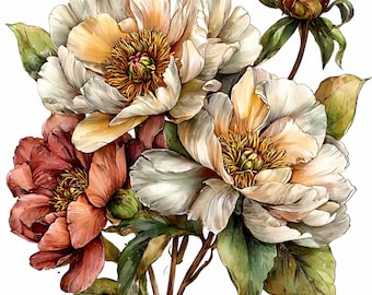 May include: Watercolor illustration of a bouquet of peonies. The flowers are in shades of white, cream, and coral, with yellow centers and green leaves. The image is a close-up of the flowers, with a few buds visible.