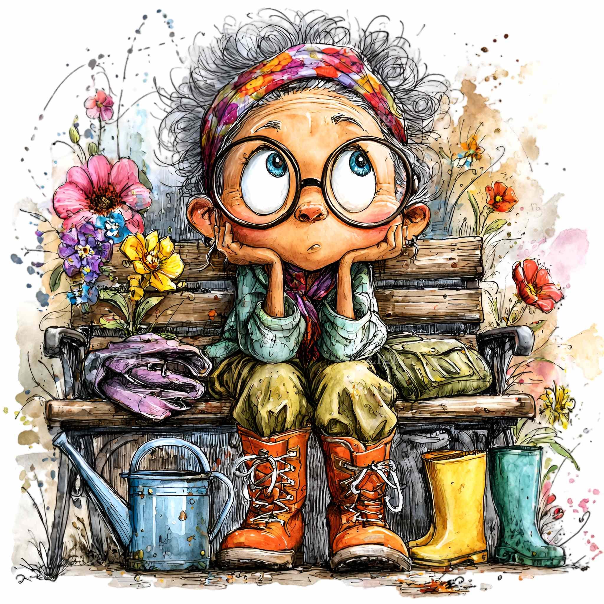 12 PNG Funny Grandma PNG Clipart – Cute Elderly Lady in Garden Outfit ...