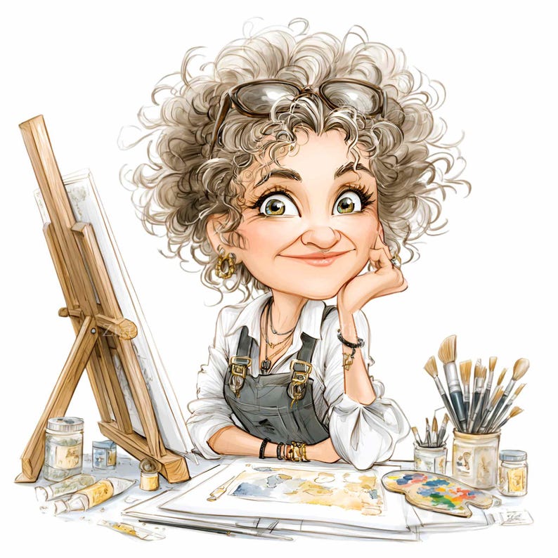 May include: A cartoon illustration of an artist with curly grey hair, glasses, and a denim apron. She is smiling and leaning on her hand, with an easel, paintbrushes, and a palette on the table. The artwork on the table appears to be watercolour paintings.