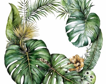 May include: Watercolor illustration of a wreath composed of various tropical leaves. The leaves are primarily green, with some yellow and brown accents. The wreath is arranged in a circular shape against a white background.