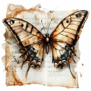 24 imágenes prediseñadas de mariposas vintage JPEG, elegante insecto sobre papel manuscrito envejecido, impresión artística antigua de entomología botánica