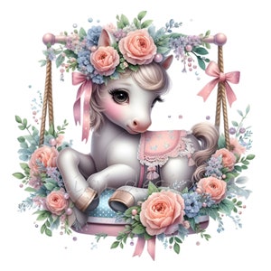 10 imágenes prediseñadas de poni pastel - Caballo columpio floral con rosas y lazos - Arte infantil para sublimación y manualidades de cumpleaños