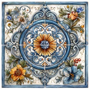 Könnte beinhalten: Vier quadratische Keramikfliesen, die zu einem größeren Quadrat angeordnet sind. Jede Fliese zeigt ein detailliertes Blumendesign in Blau-, Orange- und Weißtönen. Das zentrale Design ist eine große Blume, umgeben von kunstvollen Schnörkeln.