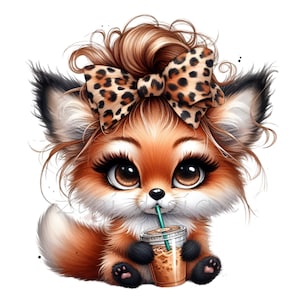 Puede incluir: Un zorro de dibujos animados con pelaje marr&oacute;n, ojos marrones grandes y un lazo de estampado de leopardo en el pelo sostiene una taza de caf&eacute; helado con una pajita.