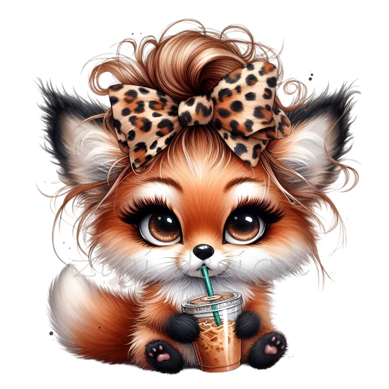 Puede incluir: Un zorro de dibujos animados con pelaje marr&oacute;n, ojos marrones grandes y un lazo de estampado de leopardo en el pelo sostiene una taza de caf&eacute; helado con una pajita.