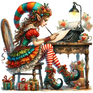 15 kerstelf schrijven clipart png – Feestelijke vrouwelijke elf op typemachine, kleurrijke vakantie-outfit, geschenken en decor