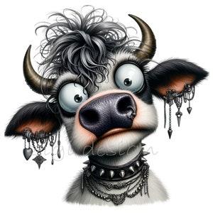 12 divertenti clipart PNG di mucca punk, mucca rocker con piercing e catene, arte gotica di animali da fattoria, design a sublimazione per magliette e tazze