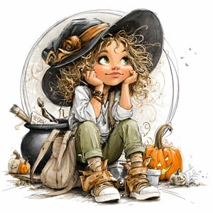 14 PNG de chica con sombrero de bruja – Calabaza de otoño PNG Clipart – Arte otoñal de cabello rizado para decoración de Halloween, sublimación, fabricación de tarjetas