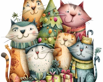 16 PNG Christmas Cats Clipart, Winter Kitten Sublimation