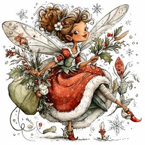 Può includere: Un'illustrazione stravagante di una fata in un vestito rosso con finiture bianche, che tiene in mano un sacco verde e agrifoglio. La fata ha i capelli castani, ali delicate ed è circondata da fiocchi di neve. L'opera è in stile acquerello.
