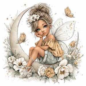 Golden fairy clipart – Celestial moon PNG illustration – Digital art for stickers, shirts, nursery prints, planners, crafts, fantasy sublimation