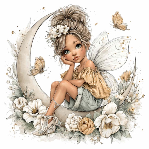 15 PNG Golden fairy clipart – Celestial moon PNG – Digital art for stickers, shirts, nursery prints, planners, crafts, fantasy sublimation