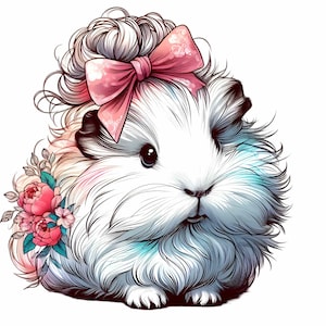 15 PNG Clipart di animali floreali - Porcellino d'India con fiocco PNG - Illustrazione di un animale domestico carino per la decorazione della cameretta delle ragazze, sublimazione, biglietti, artigianato