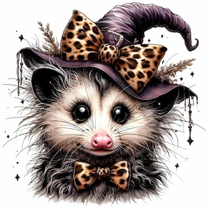 10 PNG mignon Opossum sorcière PNG Clipart, opossum Halloween avec noeud léopard et chapeau, sublimation animal effrayant pour travaux manuels d'automne et décoration